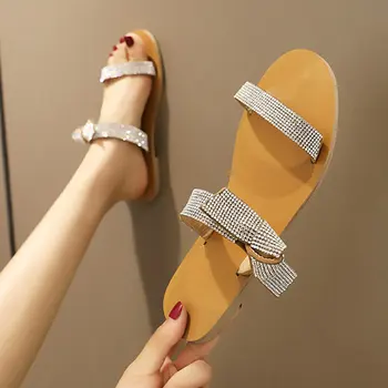 

COOLULU 2020 Summer Flats Shoes Women Open Toe Beach Sandals Glitter Slip on Slippers Rhinestone Sandals for Ladies Size 34-43
