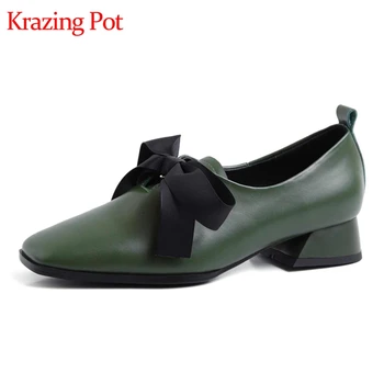 

Krazing Pot new cow leather bowtie ribbon med heels square toe deep mouth leather shoes daily wear preppy style maiden pumps L59