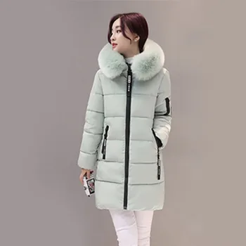 

Winter Women Parkas Cotton Long Slim fit Light Green Fur Collar Hooded Coats Female Warm Thick Outerwears Cotton Padded Jackets