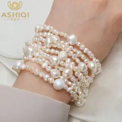 ASHIQI многослойный натуральный пресноводный жемчуг браслет для женщин великолепные 8 Strand браслеты 4-10 мм жемчужные ювелирные изделия