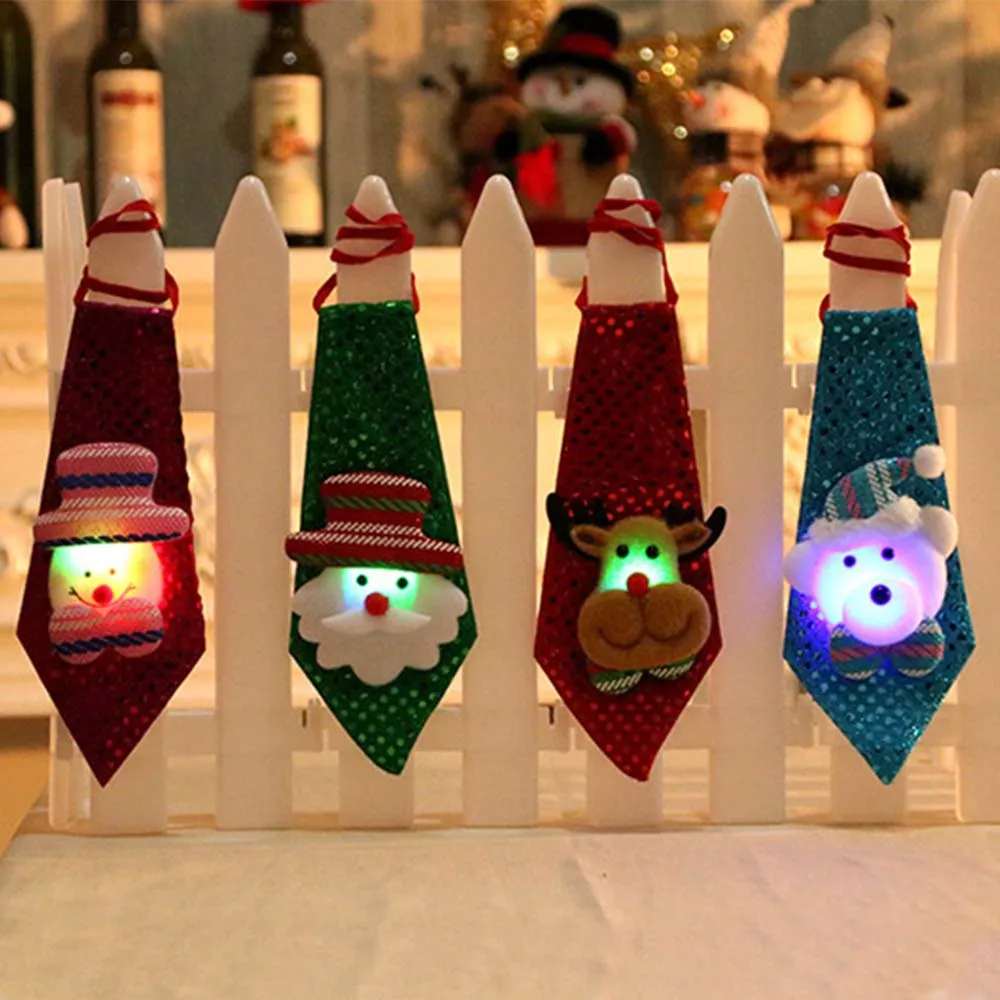 

LED Lights Christmas Tie Glow Sequins Santa Claus Bear Snowman Elk Necktie For Children Cartoon Tie Decoration New Year Gift