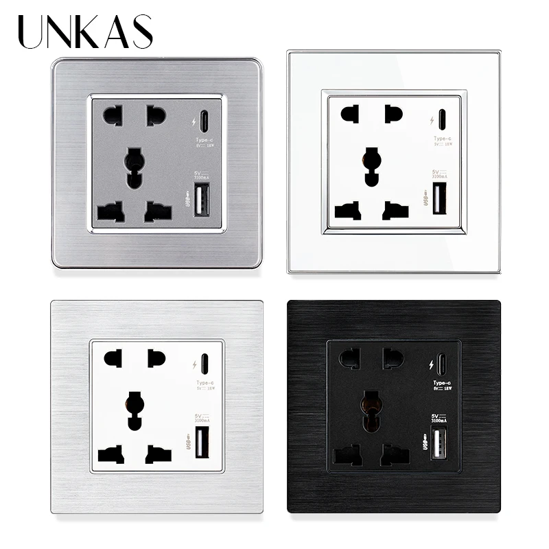 UNKAS Type-C USB Port Universal 5 Hole Pin Socket Stainless Steel Aluminum Acrylic Panel 3100mA Smart Quick Charge Outlet | Обустройство