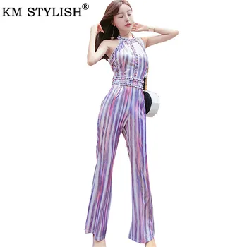 

Women's Stripe Jumpsuit Female Overalls Summer 2019 New Sexy Backless Fashion Halter High Waist Flare Pants Trousers