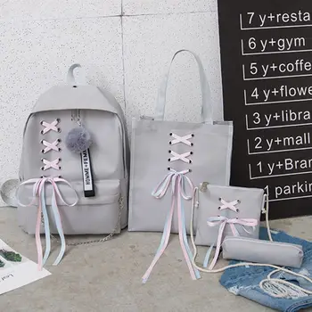 

4Pcs/Set Ribbon Chain Bowknot Letter Canvas Backpack Travel Rucksacks Daypack For Teenage Girls School Bagpack