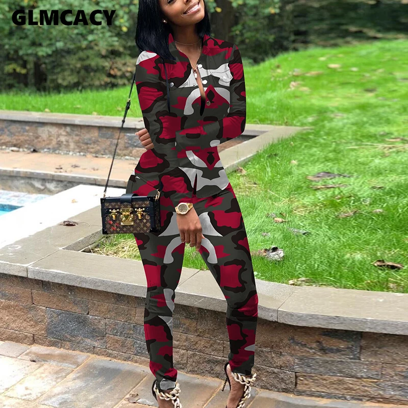 

Women Camo Two Pieces Tracksuit Long Sleeve Button Down Shirt and Skinny Pants Set Casual Autumn Winter Outfits