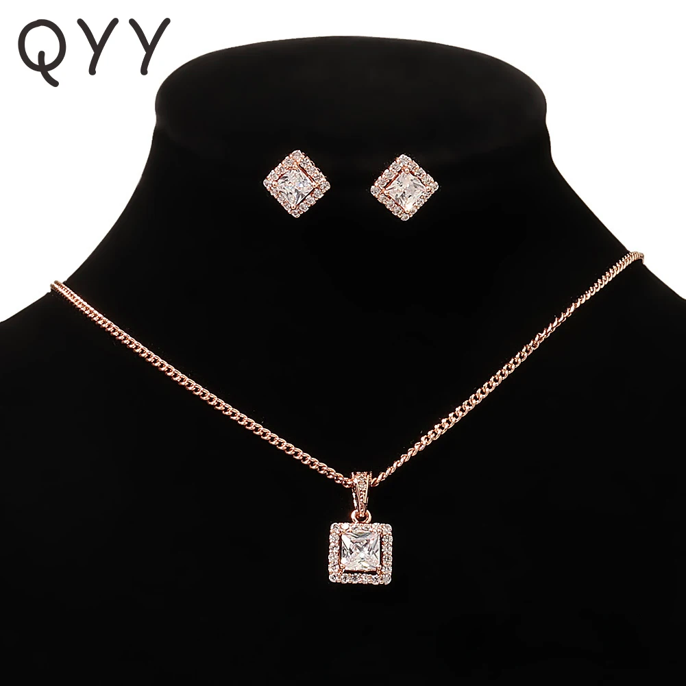 

QYY Fashion Cubic Zirconia Necklace and Earrings Set for Women Accessories Bridal Wedding Jewelry Sets Party Jewellery Gifts