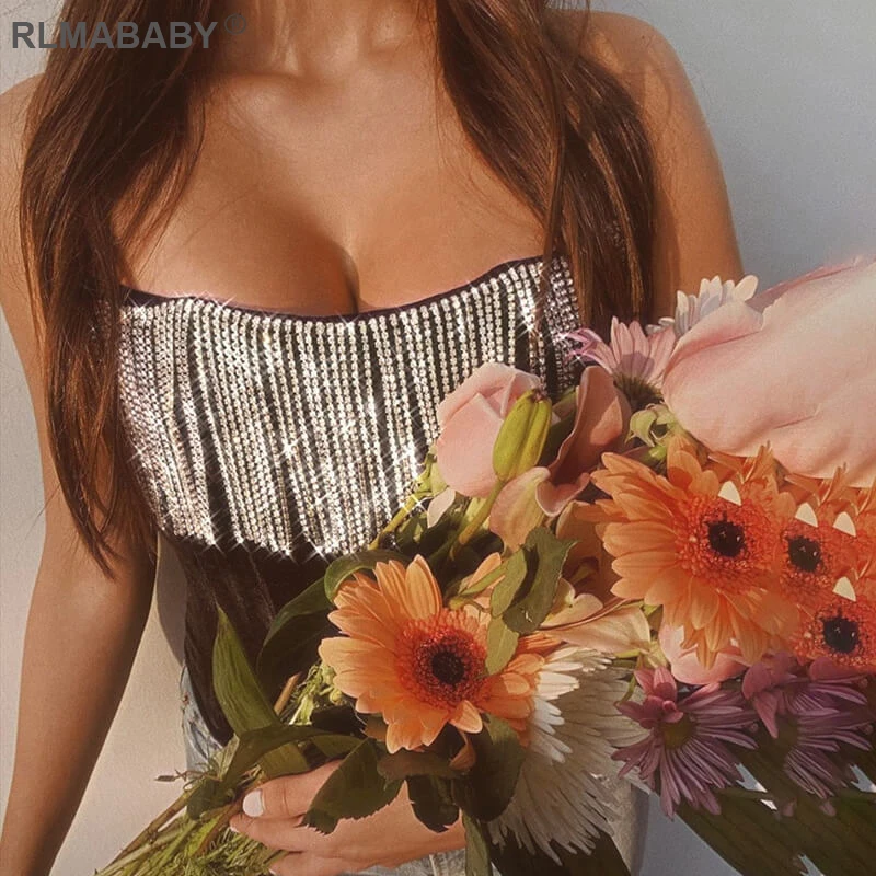 Rlmaaby/черный бархатный укороченный топ с кисточками и бриллиантами, без бретелек, с открытой спиной, пикантные женские топы с кристаллами, для ночных клубов, вечерние женские майки