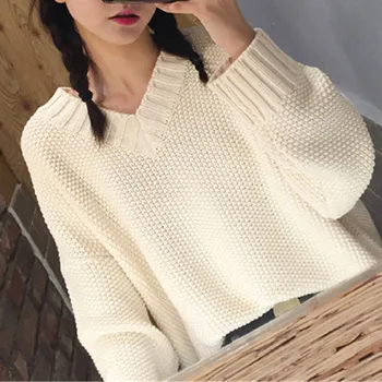 

Korean Knitted Sweater Solid V Neck Jumper Winter Clothes Women Pullover Hot Sale Knitted Loose Tops Female Knitwear Pull Femme
