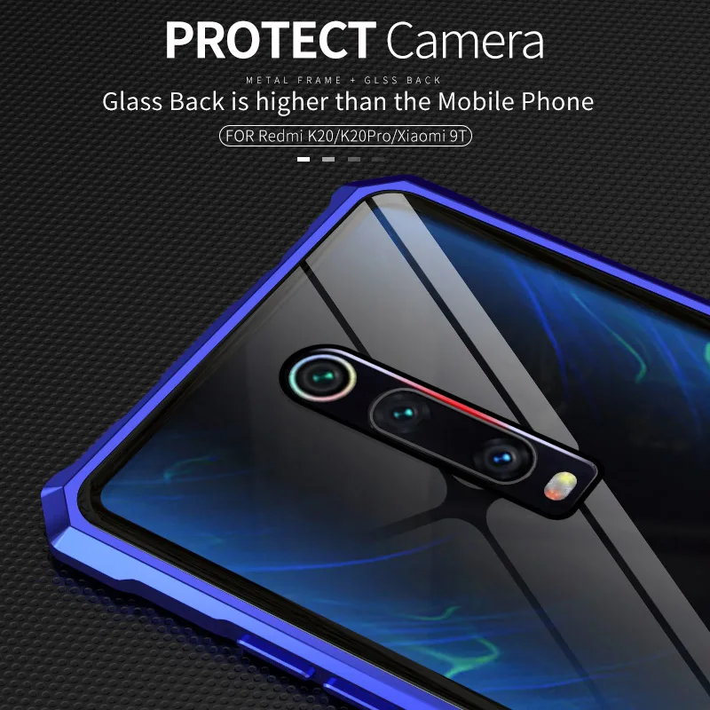 Роскошный противоударный чехол для Xiaomi 9 T Redmi K20 Pro, алюминиевая металлическая рамка, прозрачная задняя крышка из закаленного стекла для Mi9 T Coque
