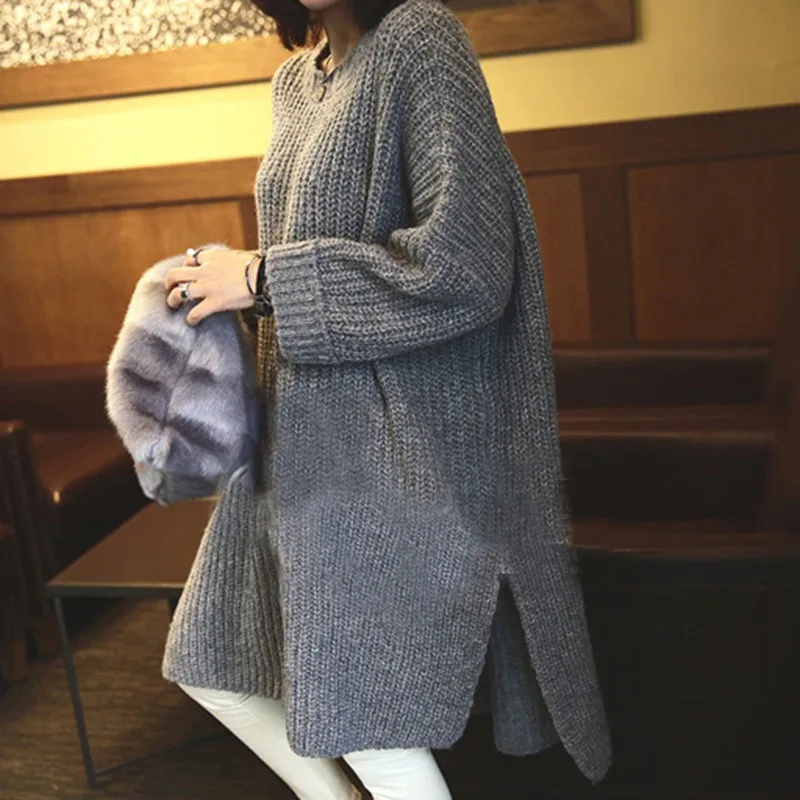 Women Autumn&Winter Casual Wild Knitted Sweater Solid Color Round Neck Long Sleeve Slim Long Sweater