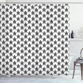 

Tattoo Shower Curtain Pattern with Sea Turtles in Maori Style Polynesian Swirly Motifs Cloth Fabric Bathroom Decor Set with Hook