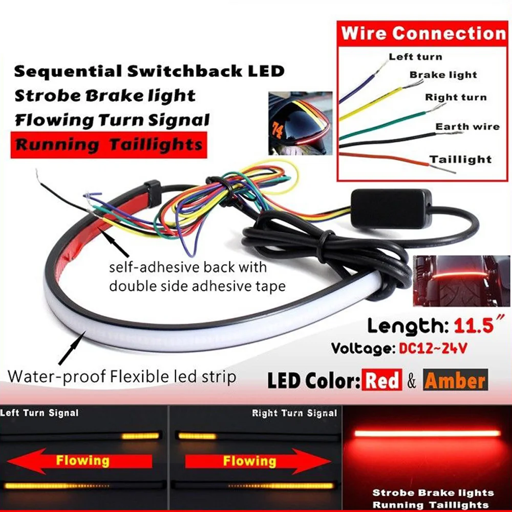 

Motorcycle Light Bar Strip Tail Brake Stop Turn Signal License Plate Light Integrated 12V-24V LED Red Amber Color