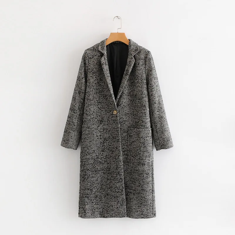 

2018 Autumn And Winter New Style Western Style Herringbone Double Pocket Simple Versatile Woolen Coat