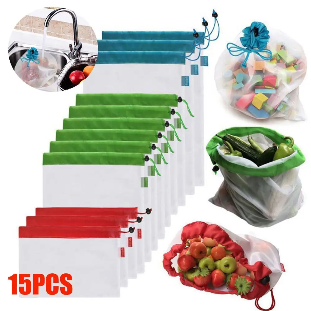 

15PCS Reusable Mesh Produce Bags Washable Eco Friendly Storage Fruit Vegetable Bag Sundries Organizer Storage Bag
