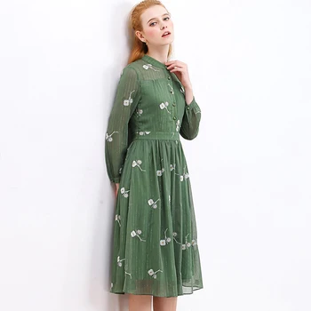 

Only Plus Green Chiffon Dress Women Lace Floral Embroidered Women High Waist A-line Dress Long Sleeve Dress For Women