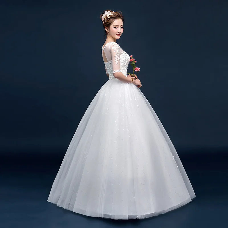 US $41.04 Dm0428VNeck Wedding Dress Embroidered Lace On Net Lace Up Backless Ball Gown Sequins Half Sleeve Wholesale Plus Size Bride