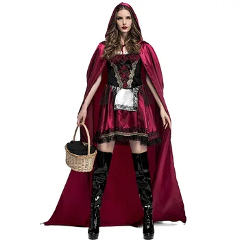 

Adult Women Little Red Riding Hood Costume Adult Classic Halloween Cosplay Fantasia Carnival Fairy Tale Plus Size Dress+Cloak