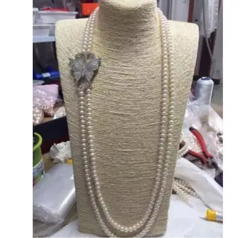 

Free Shipping NEW double strands 8-9mm round south sea white pearl necklace 30-34inch