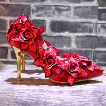 

OLOMLB Womens Pointy Toe 3D Flowers Embroidery Stilettos High Heel Wedding Bridal Shoes Princess DIY Red Retro Red Party 2020
