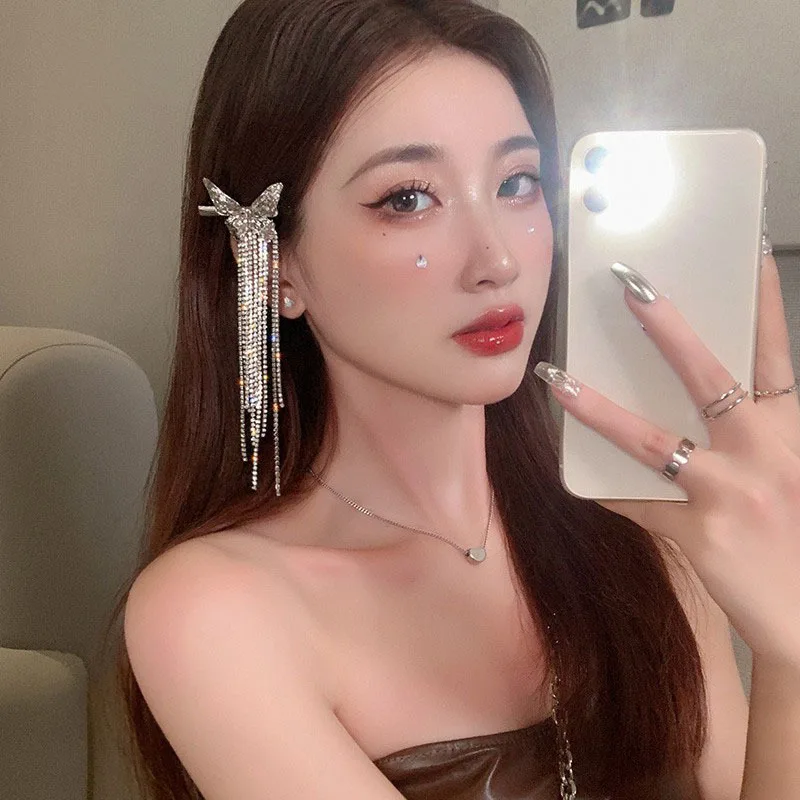 

Silver Butterfly Shining Rhinestones Tassel Hair Clips New Women Elegant Side Hair Decorate Hairpins Fashion Hair Accessories