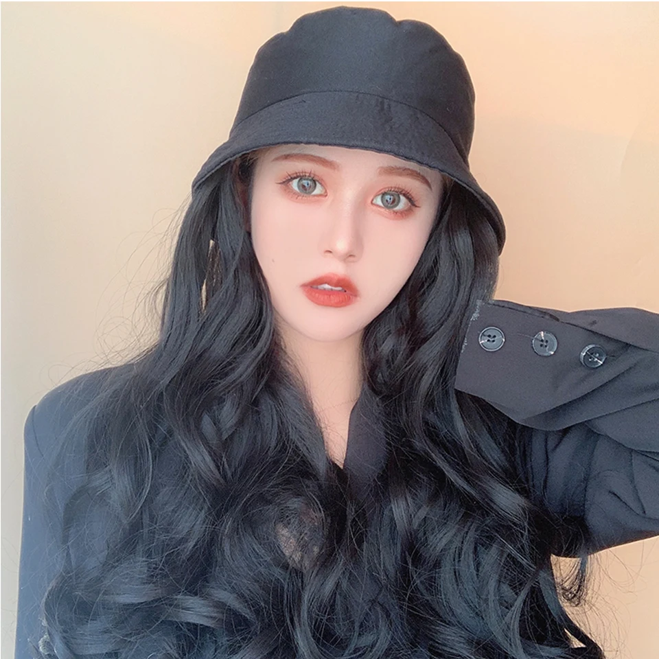 Long Wavy Curly Synthetic Hair Wig With Hat Hot Style Fisherman's Hat Heat Resistant Black Hair For Women African American
