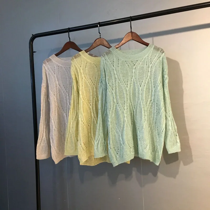 

Autumn Crochet Hollow Knitted Women Sweater Solid Long Sleeve O-Neck Loose Pullovers Mohair Thin Jumper Casual Street Overall