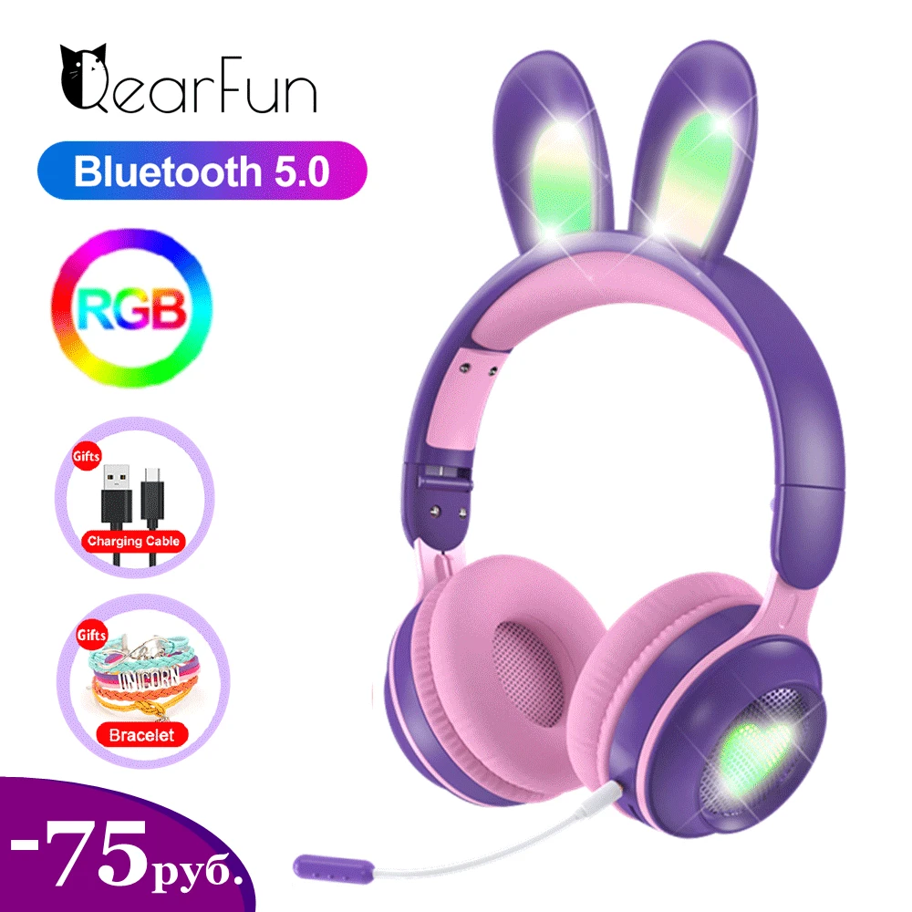 RGB Wireless Headset Pink Cute Headphone with Mic Rabbit Girls Stereo Music Bluetooth Memory