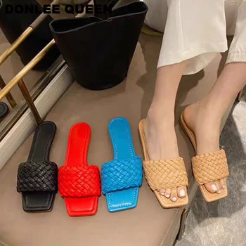 

2020 New Brand Square Toe Flat Slippers Women Fashion Weave Slides Casual Beach Flip Flops Candy Color Sandals Comfortable Shoes