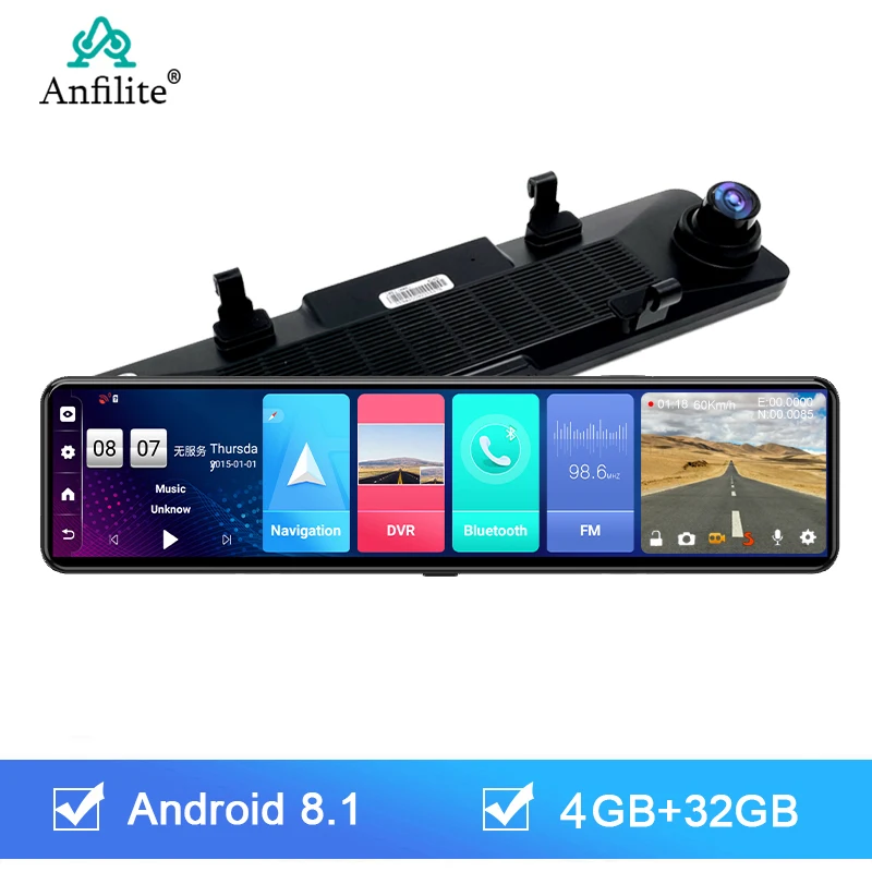 Anfilite 12" Car DVR Rearview Mirror 4G Android 8.1 Dash Cam 1080P Dual Lens Recorder ADAS Rear View Mirror GPS Camera Recorder