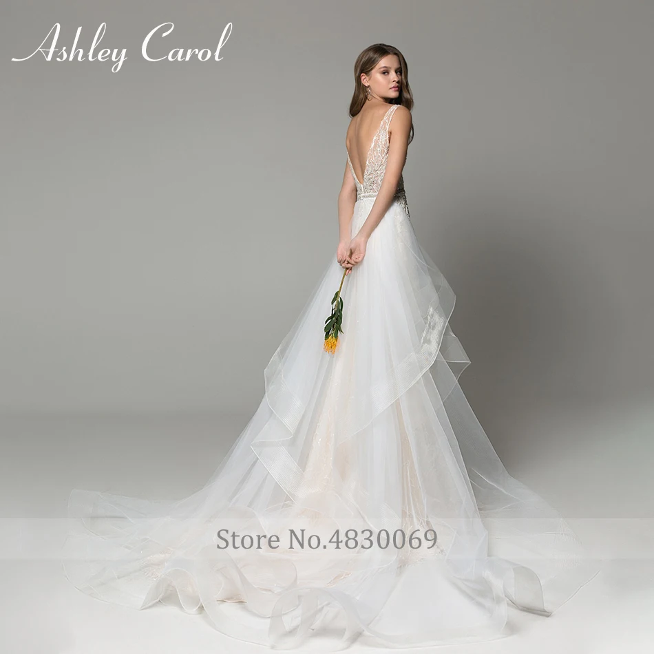 Ashley Carol сексуальное свадебное платье с глубоким v-образным вырезом, расшитое бисером и открытой спиной,, съемное романтическое платье невесты со шлейфом, свадебные платья
