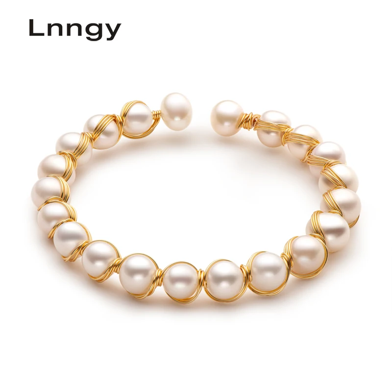 

Lnngy 14K Gold Filled 6.5-8.5mm Natural Cultured Freshwater Pearl Fashion Twisted Bracelet Bangle Women Wedding Jewelry Gifts