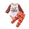 Toddler Baby Girls Boys Halloween Romper + Pants, Horizontal Stripes Pumpkin Print Spring Clothing 1