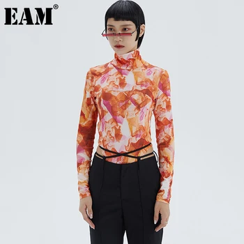 

[EAM] Women Orange Tie Dye Printed Slim Temperament T-shirt New Turtleneck Long Sleeve Fashion Tide Spring Autumn 2020 1DB066