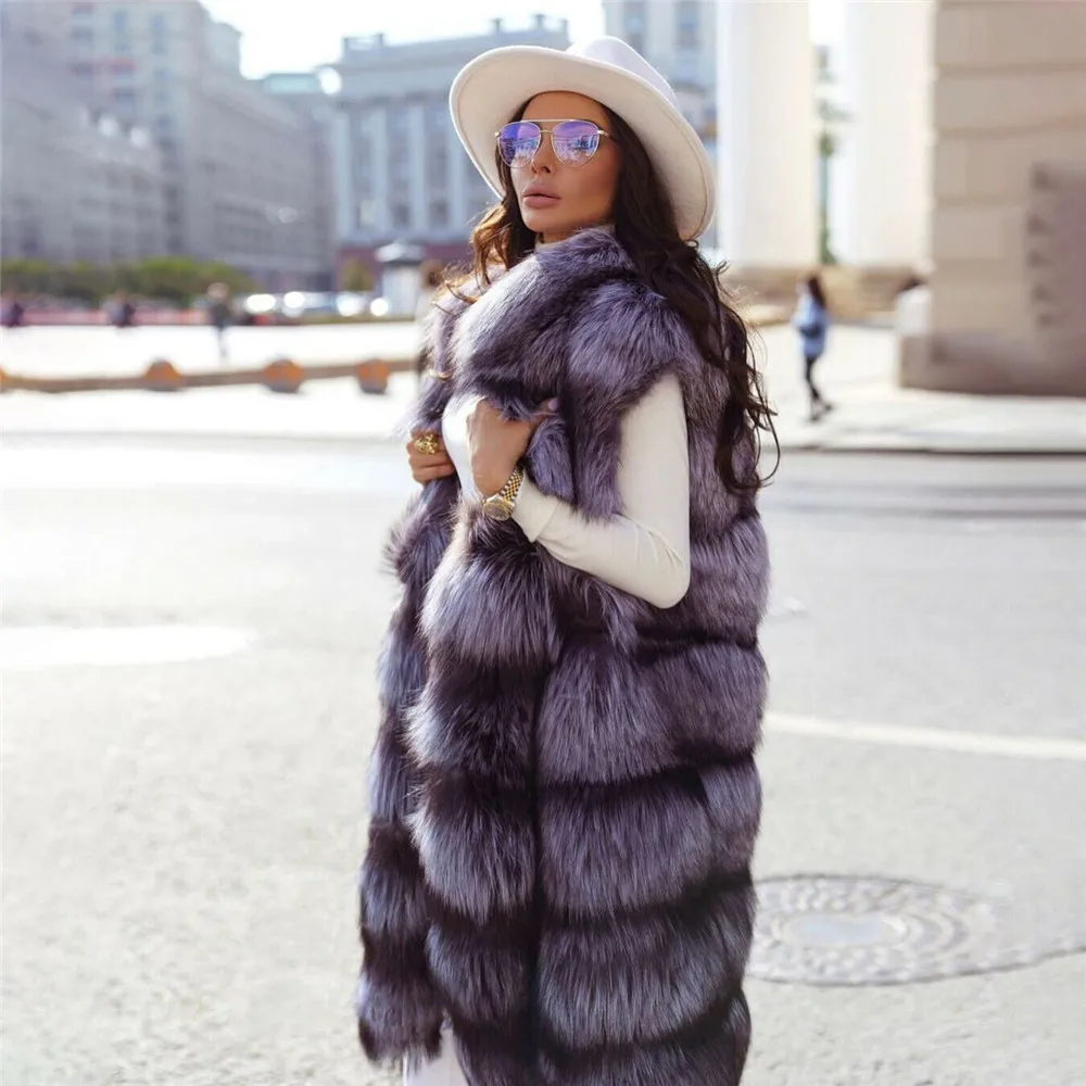 High Quality Natural Silver Fox Fur Vest Stand Collar Winter Fashion New Women Genuine Silver Fox Fur Coat Sleeveless Overcoats