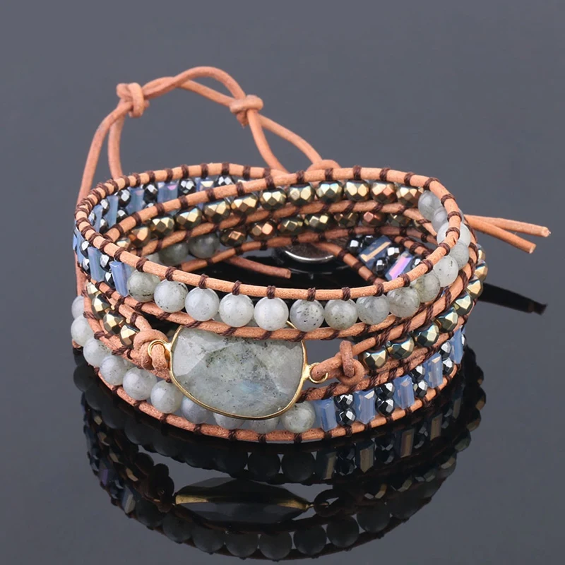 

Labradorite Bracelets 6Mm Gem Stone Beaded Leather Handmade Wrap Multilayer Bangle