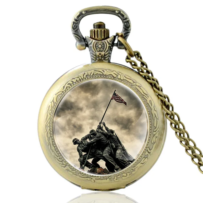 

Classic American Veteran Pattern Glass Cabochon Vintage Quartz Pocket Watch Men Women Pendant Necklace Hours Clock