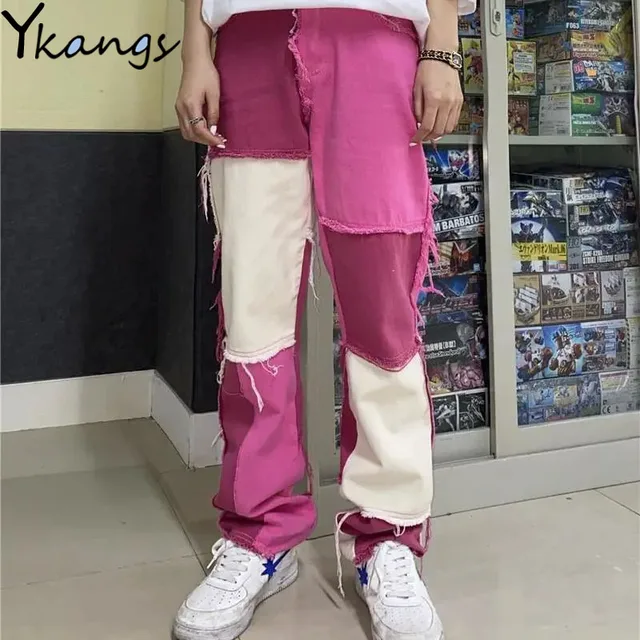 Korean Pink Straight Patchwork Cargo 