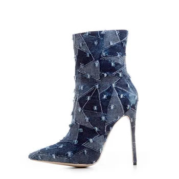 

YECHNE Woman Denim Chelsea Laarzen Mode Sexy 12 CM High heels Plus Size 33-43 Blue Kaki Herfst Winter boots only