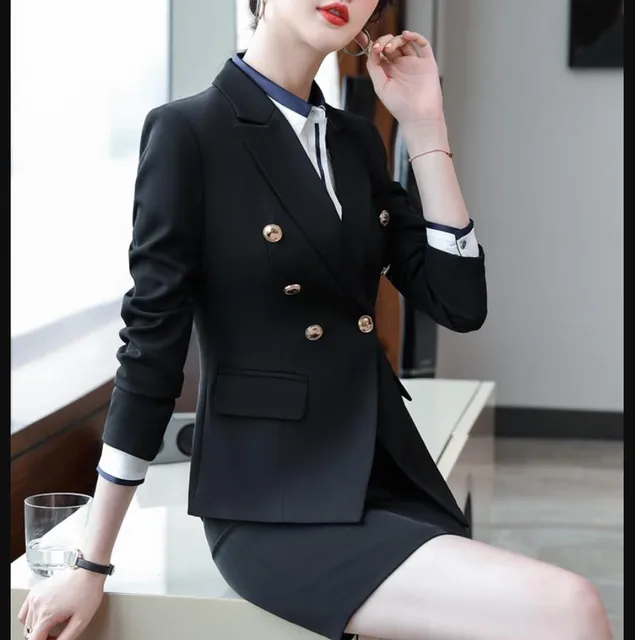 Business Suit For Women Skirt Professional Autumn Office Suits For Women Formal Cultivation Double Breasted Red Black White Sets 3