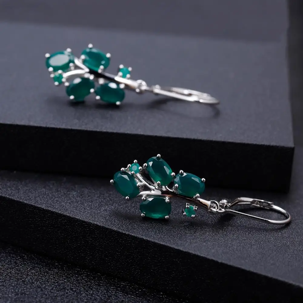GEM'S балетные 925 пробы Серебряные Листья висячие серьги натуральный зеленый агат, натуральный камень Leverback Серьги для женщин хорошее ювелирное изделие