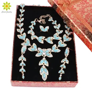 

Fashion Dubai Jewelry Set Gold/Silver Plated Blue Resin Necklace Sets Nigerian Wedding African Beads Jewelry Sets+Gift Boxes