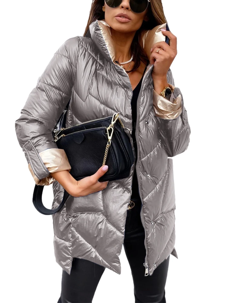 

Oversized Parka Cotton Padded Warm Winter Coat Stand Collar Patchwork Jackets Female Outerwear Coats Puffer Jacket New Fashion