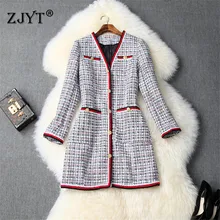 Модная зимняя женская куртка для подиума, модные клетчатые твидовые шерстяные куртки и пальто с длинным рукавом и v-образным вырезом, винтажная Повседневная Верхняя одежда