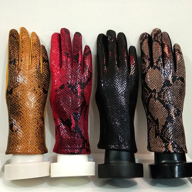 Women Touch Screen Gloves Winter Faux Animal Leather Snakeskin Pattern Driving glove Suede Velvet Thicken Warm Leopard Glove H87 mens black gloves