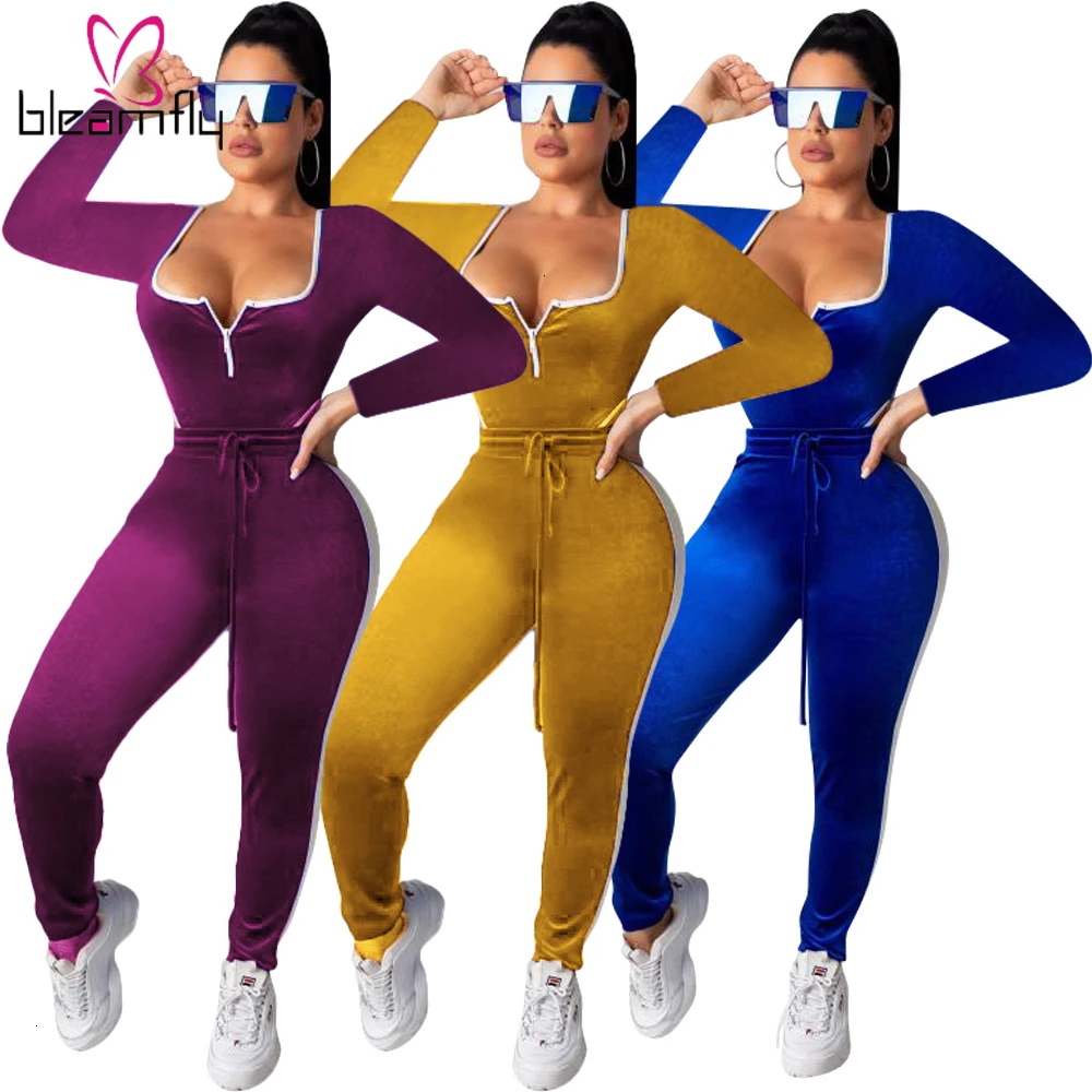 

Sporting Autumn Velvet Women Set Long Sleeve Zipper Bodysuits And Bodycon Pencil Pants Two Piece Sets Fall Fitness Tracksuits