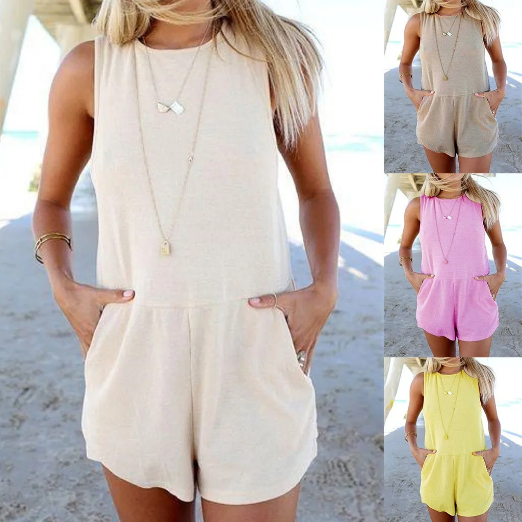 Home&ampNest Fashion Womens Sexy Solid Color Sleeveless Short Rompers Casual O-Neck Beach Playsuit Women's Playsuits Summer New |