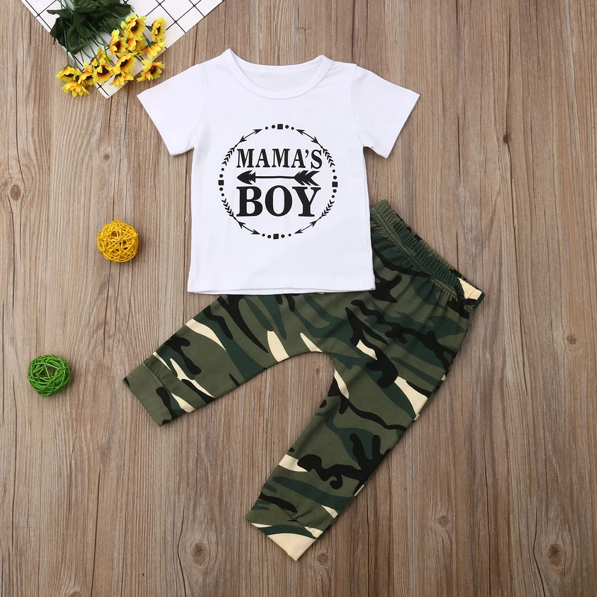 Pudcoco 2pcs Infant Toddler Baby Boys Top Short Sleeve White T-shirt + Camo Pants Trousers Outfit Boy Summer Casual Clothes |