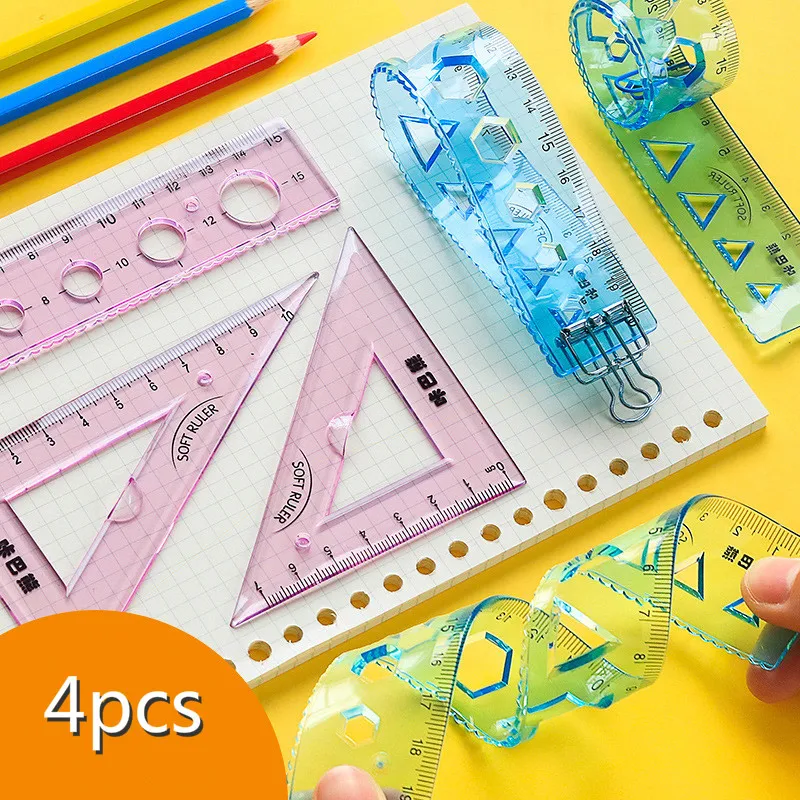 4 unids/set blando flexible regla recta 15cm 20cm transportador Triangular regla de plástico material de papelería para estudiantes