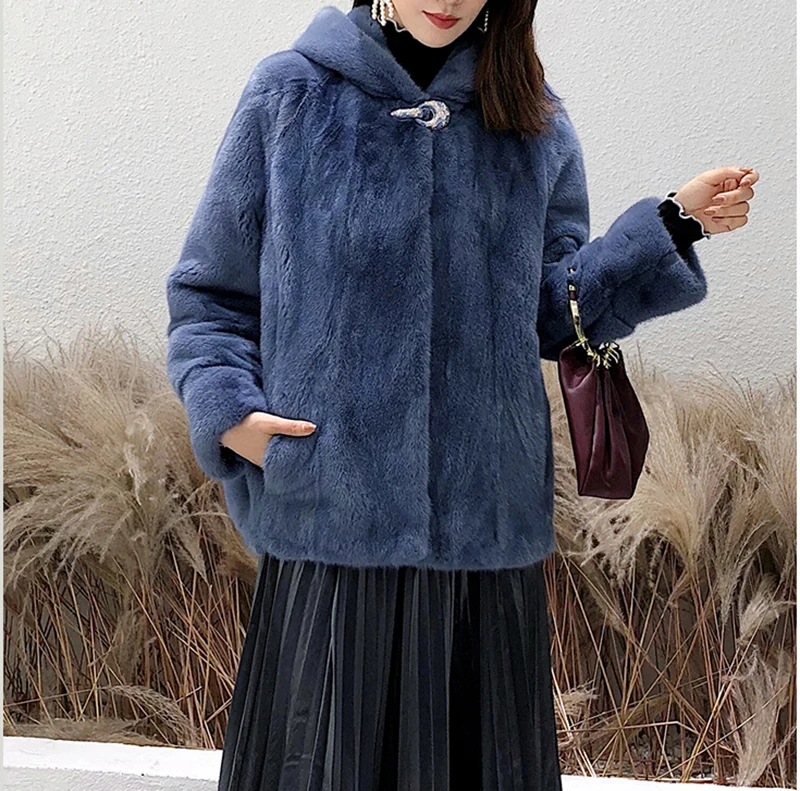 Зимняя женская модная повседневная Роскошная бархатная норковая шуба с капюшоном