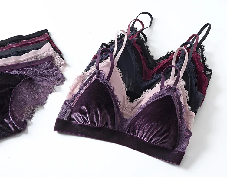 Sexy Velvet Underwear Set with Lace Wireless Triangle Bra with Removable Padded Mesh Lined Women Velvet Lingerie cute underwear sets